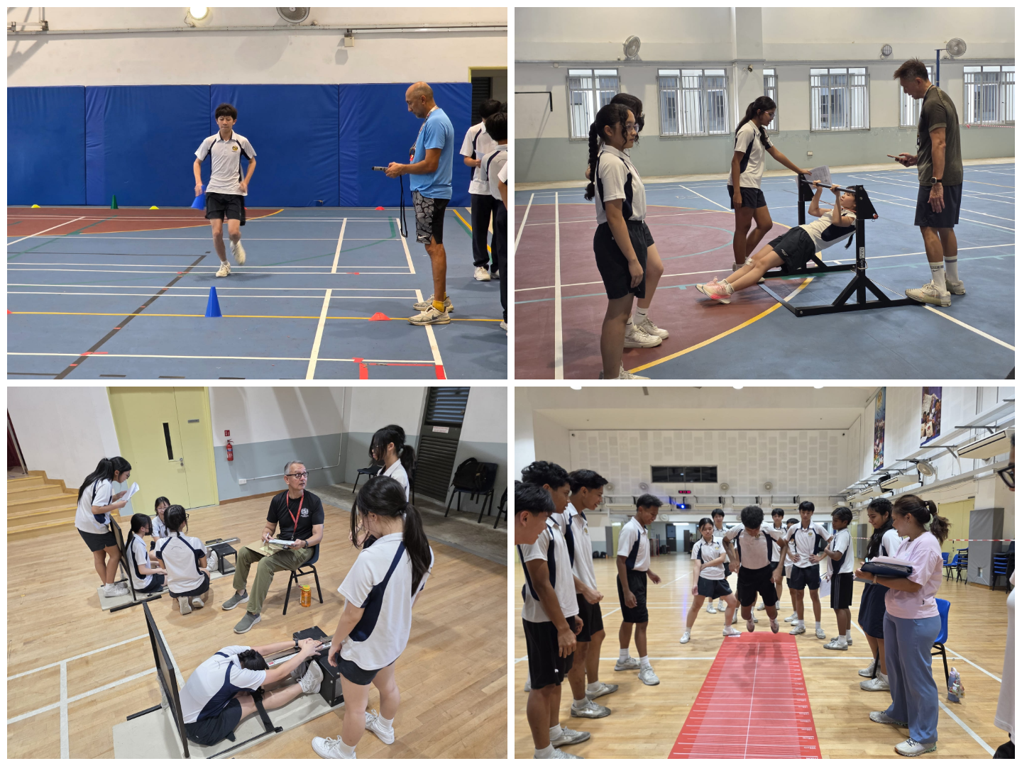 Four photos of students in a gym doing fitness tests: sprinting, bench press, sit-and-reach, and long jump.